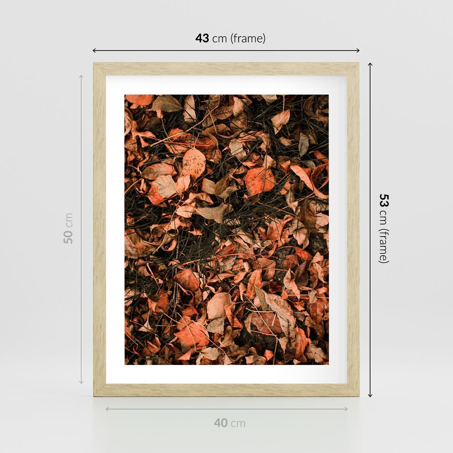 Plakat w ramie 40x50 - Jesienny Splot: Pomarańczowe Liście - liście, pomarańczowe suche liście - rama drewno