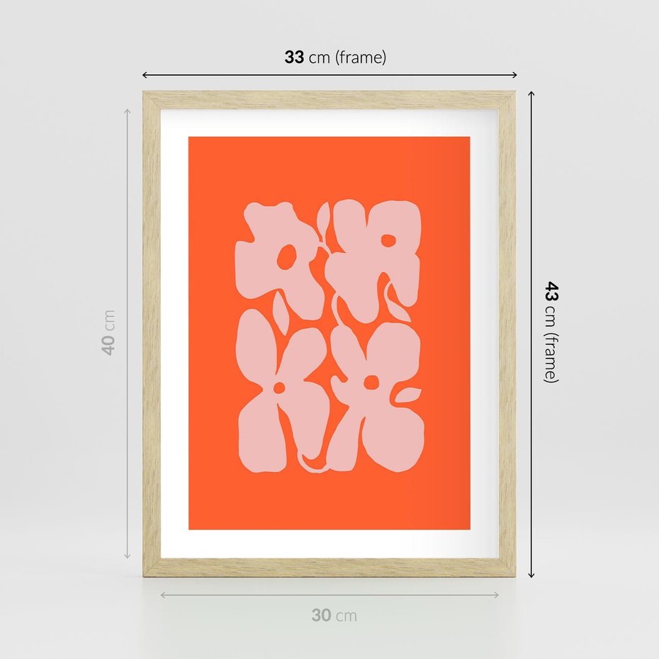 Plakat w ramie 30x40 - Taniec Abstrakcji - kwiaty, energetyczne pomarańczowe tłó - rama drewno