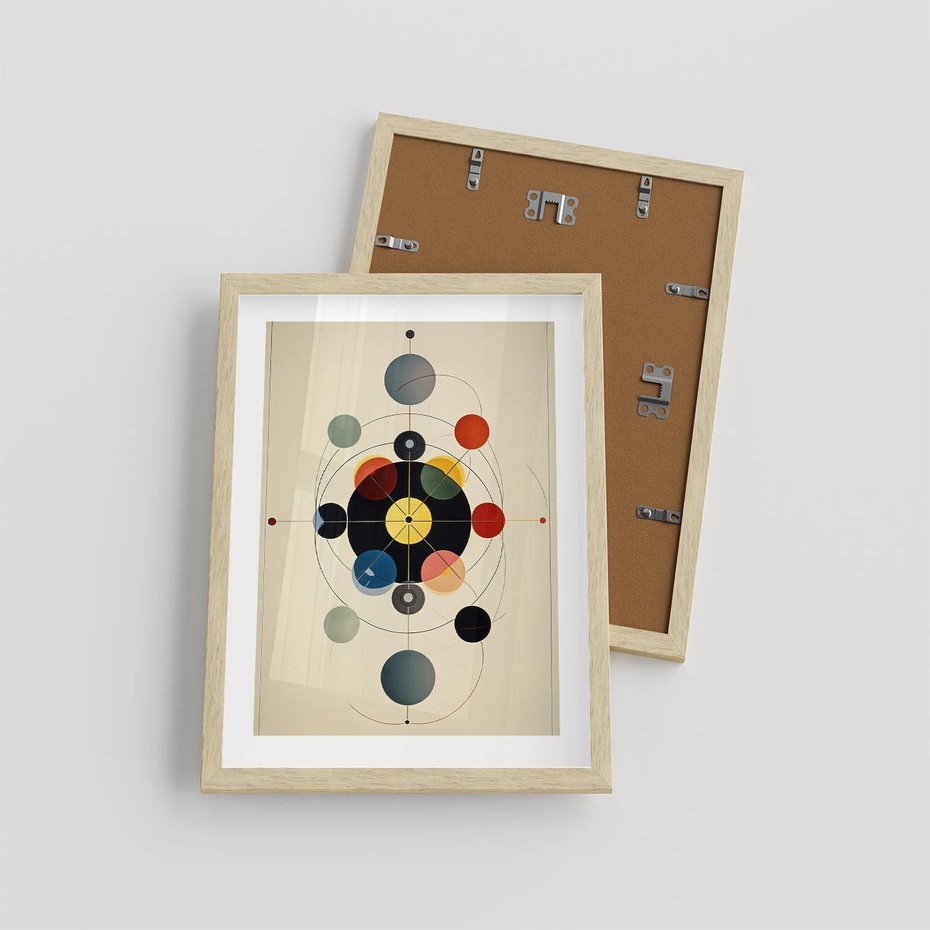 Plakat w ramie 30x40 - Bezgraniczny Taniec Światła - abstrakcyjna geometryczna kompozycja, koła linie - rama drewno