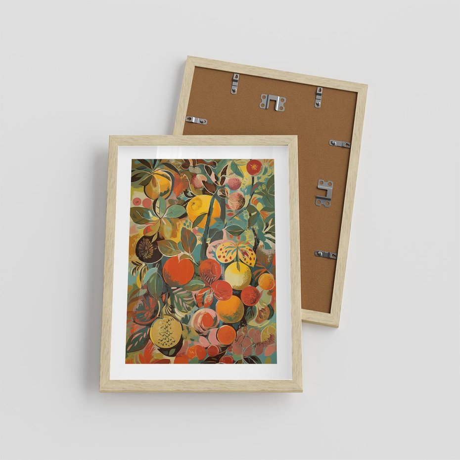 Plakat w ramie 30x40 - Księga Surrealnych Wyobrażeń - abstrakcyjny obraz owoców, jak picasso - rama drewno