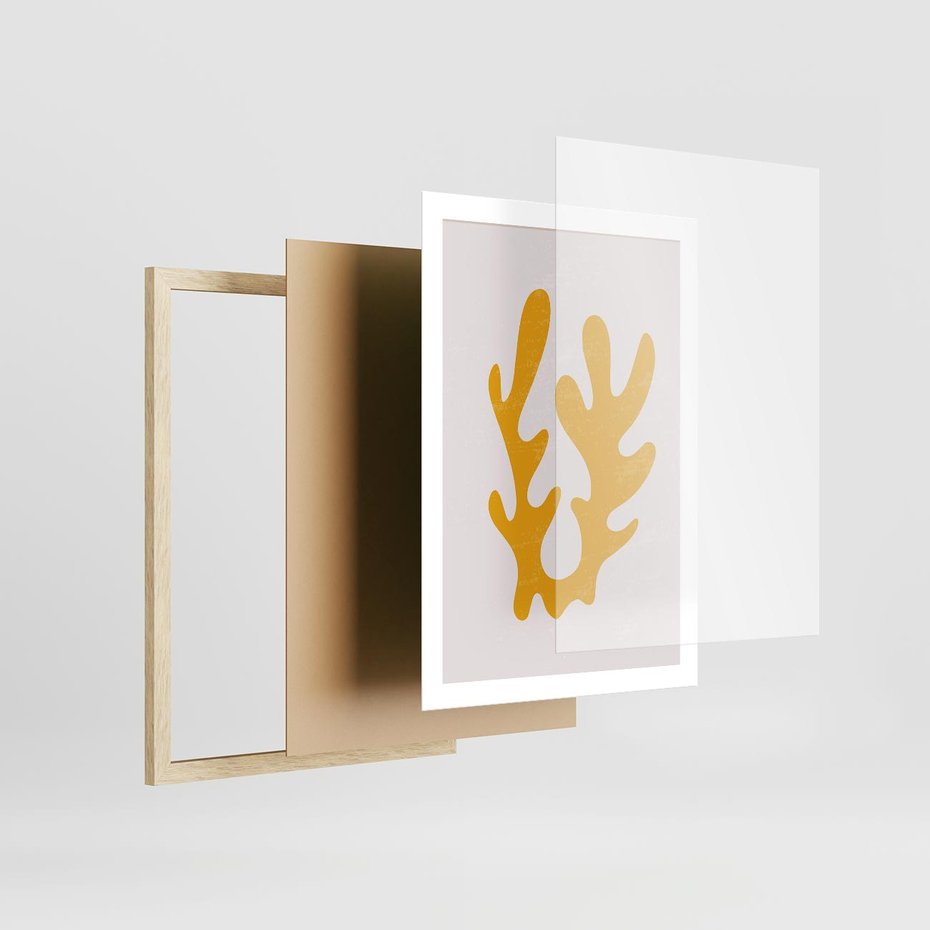 Plakat w ramie 50x70 - Abstrakcyjna Synergia - abstrakcyjna żółta forma, minimalizm - rama drewno