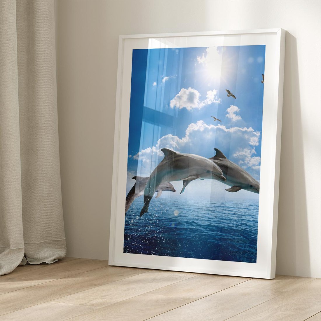 Plakat w ramie 40x50 - Spotkanie z naturą - morze, delfiny - rama biała