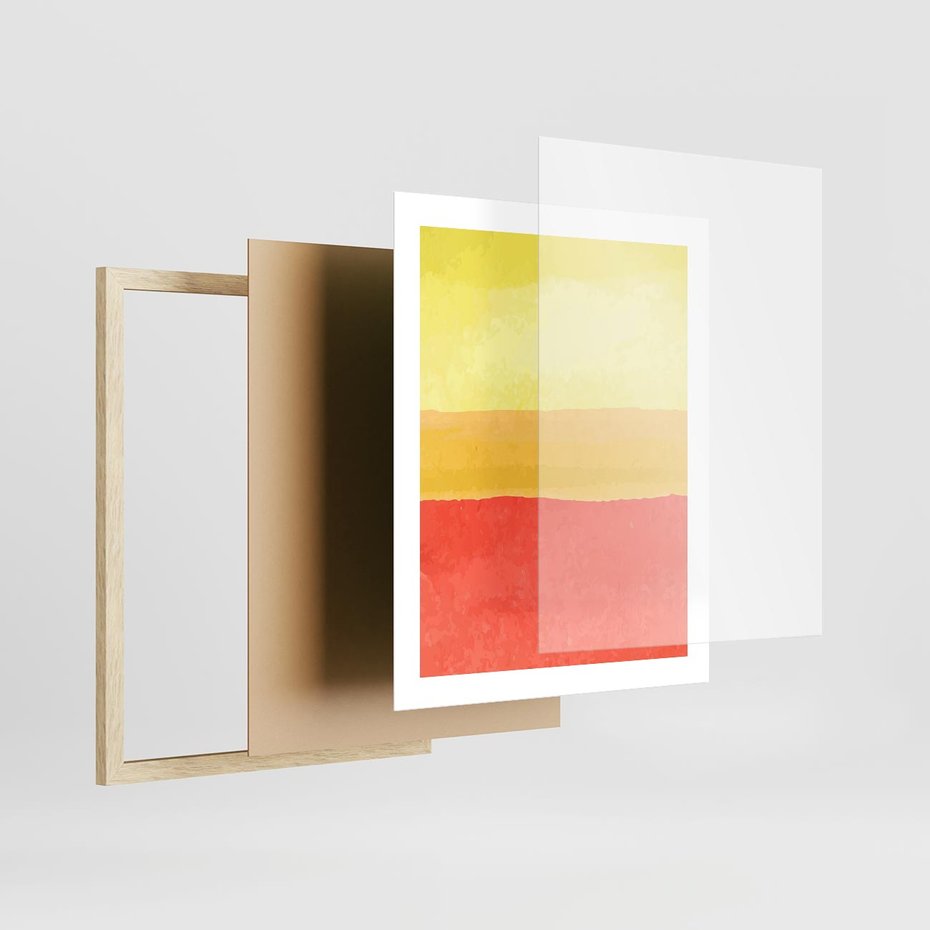 Plakat w ramie 40x50 - Rozmyte Odbicia - kolorowe akwarelowe pasy, odcienie żółci i czerwieni - rama drewno