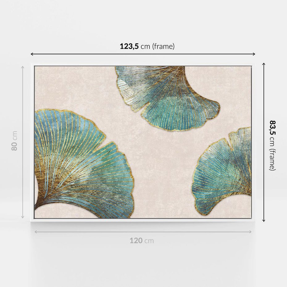 Obraz w ramie 120x80 - Złota Melodia Liści - złote, turkusowe liście miłorzębu - rama biała