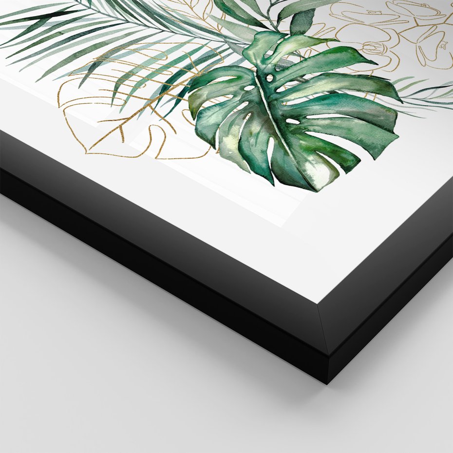 Zestaw obrazy w ramie 40x50 galeria - Liście, monstera, palma, złote, akwarele - rama czarna
