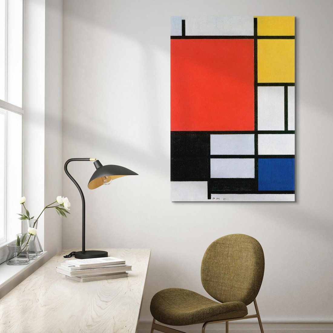 Obraz na płótnie 80x120 - "Composition with Red, Yellow, Blue, and Black" (1921), Piet Mondrian - Reprodukcja - reprodukcja, obraz na płótnie