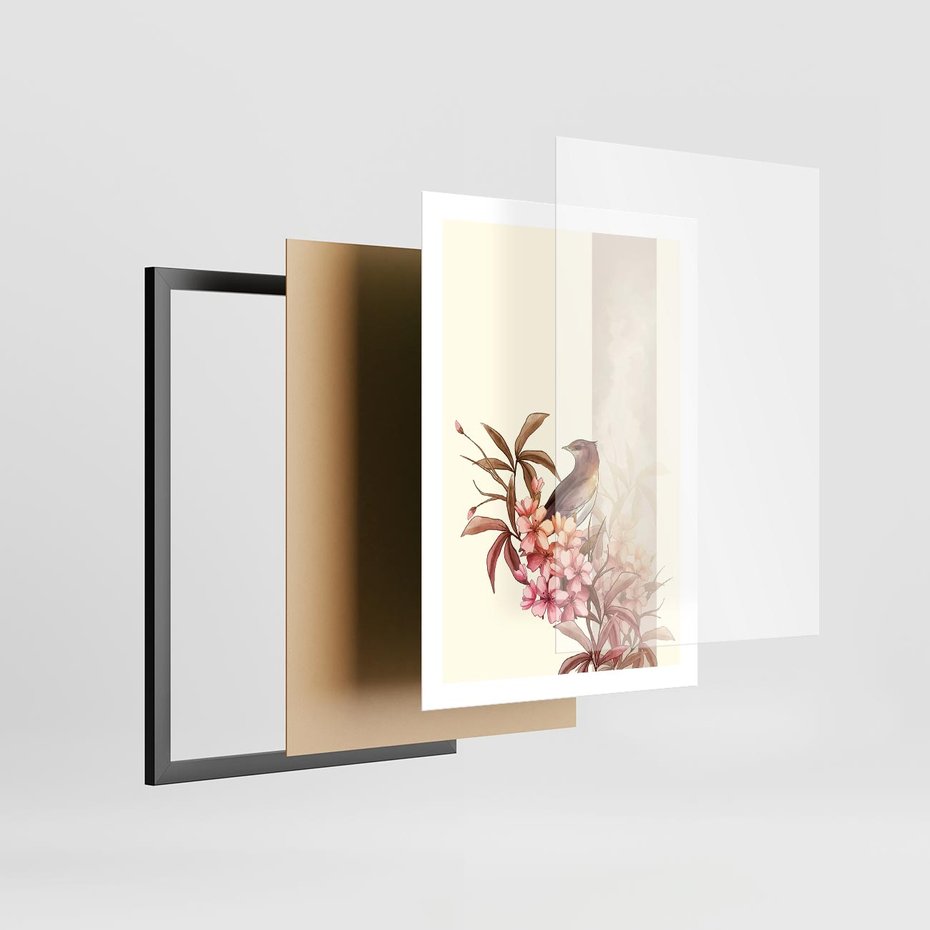 Plakat w ramie 50x70 - Kwiatowe Zanurzenie - japońska sztuka, ptak - rama czarna
