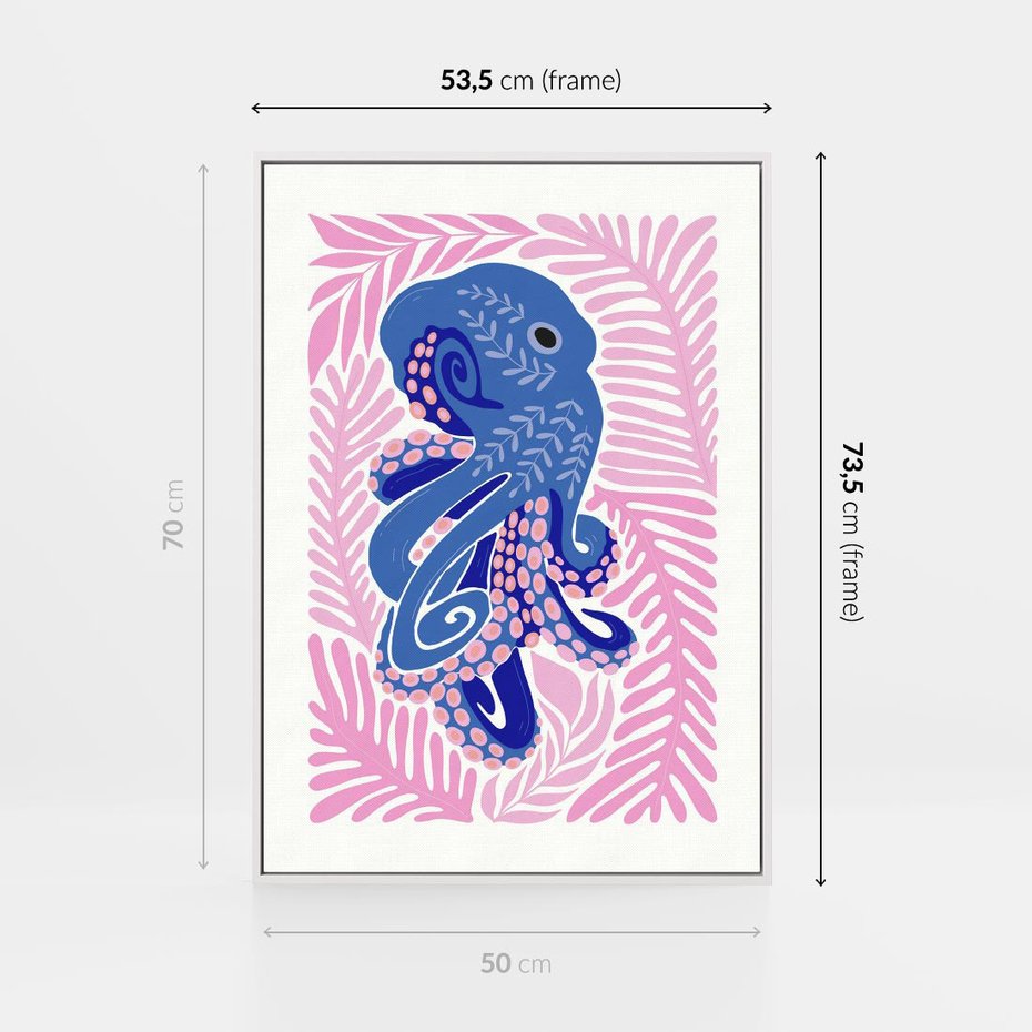Obraz w ramie 50x70 - Rozkwitające marzenia - abstrakcyjna kompozycja, niebieska ośmiornica wśród różowej roślinnośći - rama biała