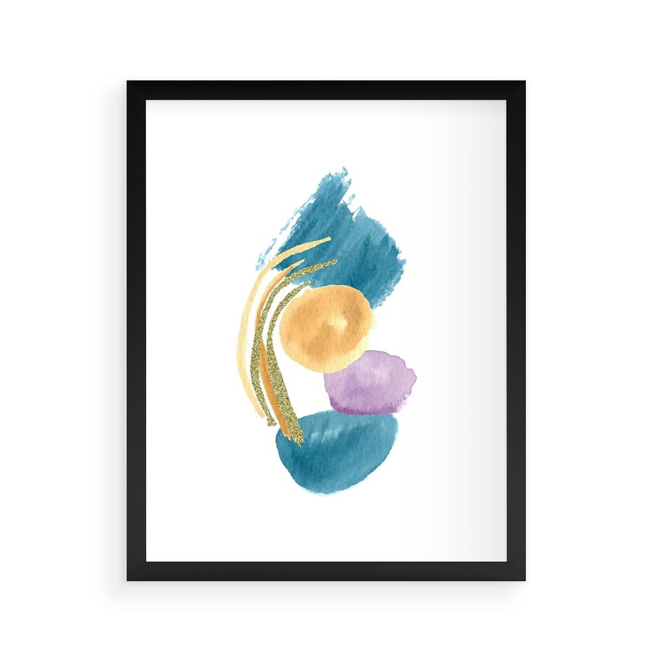 Plakat w ramie 40x50 - Migocące Barwy Akwarel - akwarelowe plamy w odcieniach błękitu, złote kreski - rama czarna