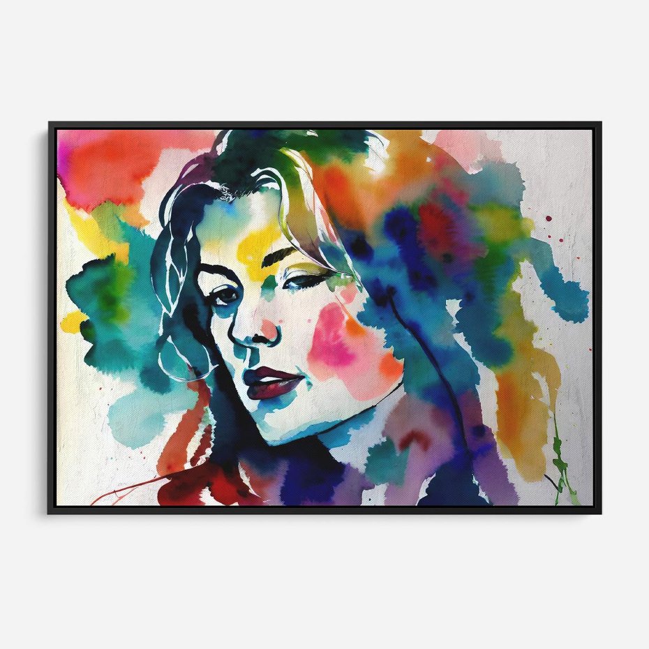 Obraz w ramie 100x70 - Abstrakcyjna ekstaza barw - abstrakcyjny portret kobiety, szkic czarną kreską - rama czarna