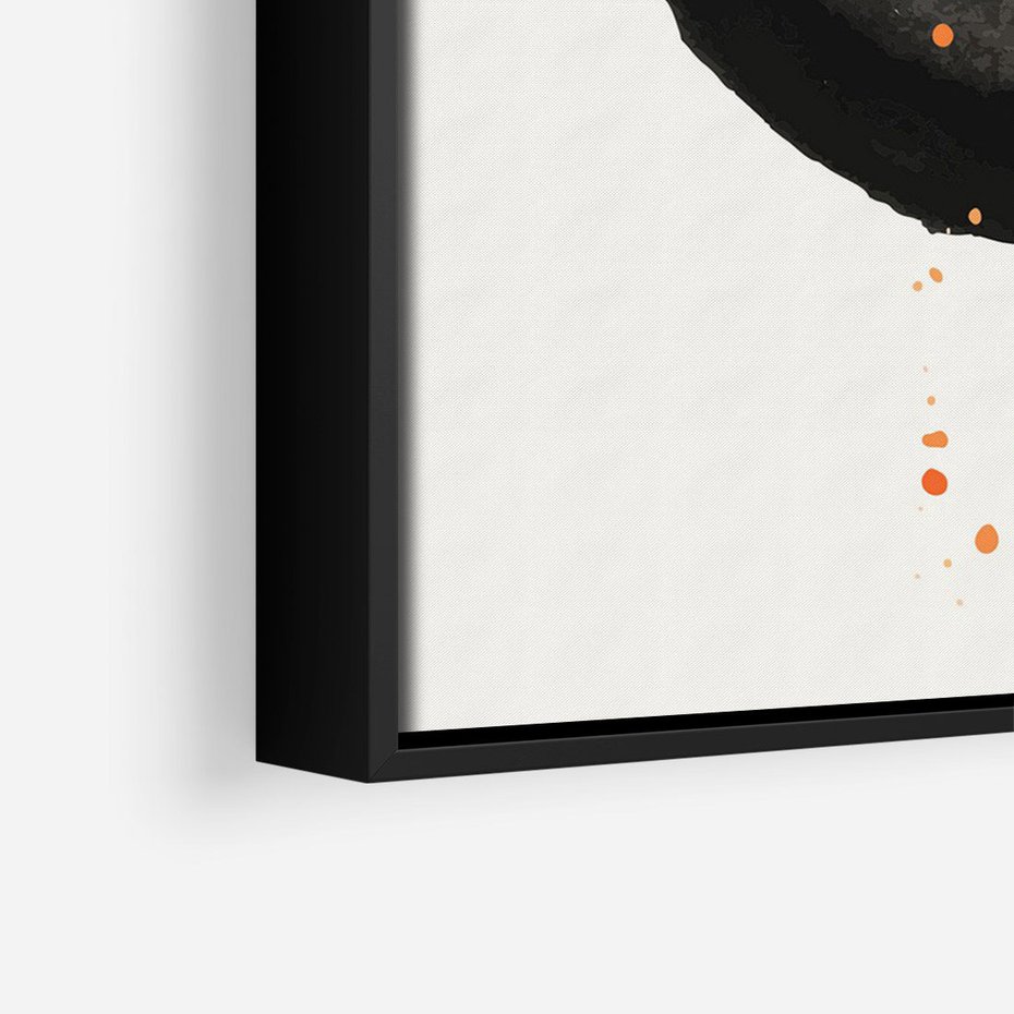 Obraz w ramie 70x100 - Wnętrza Marzeń - abstrakcyjna czarna plama, rozsiane pomarańczowe kropki - rama czarna