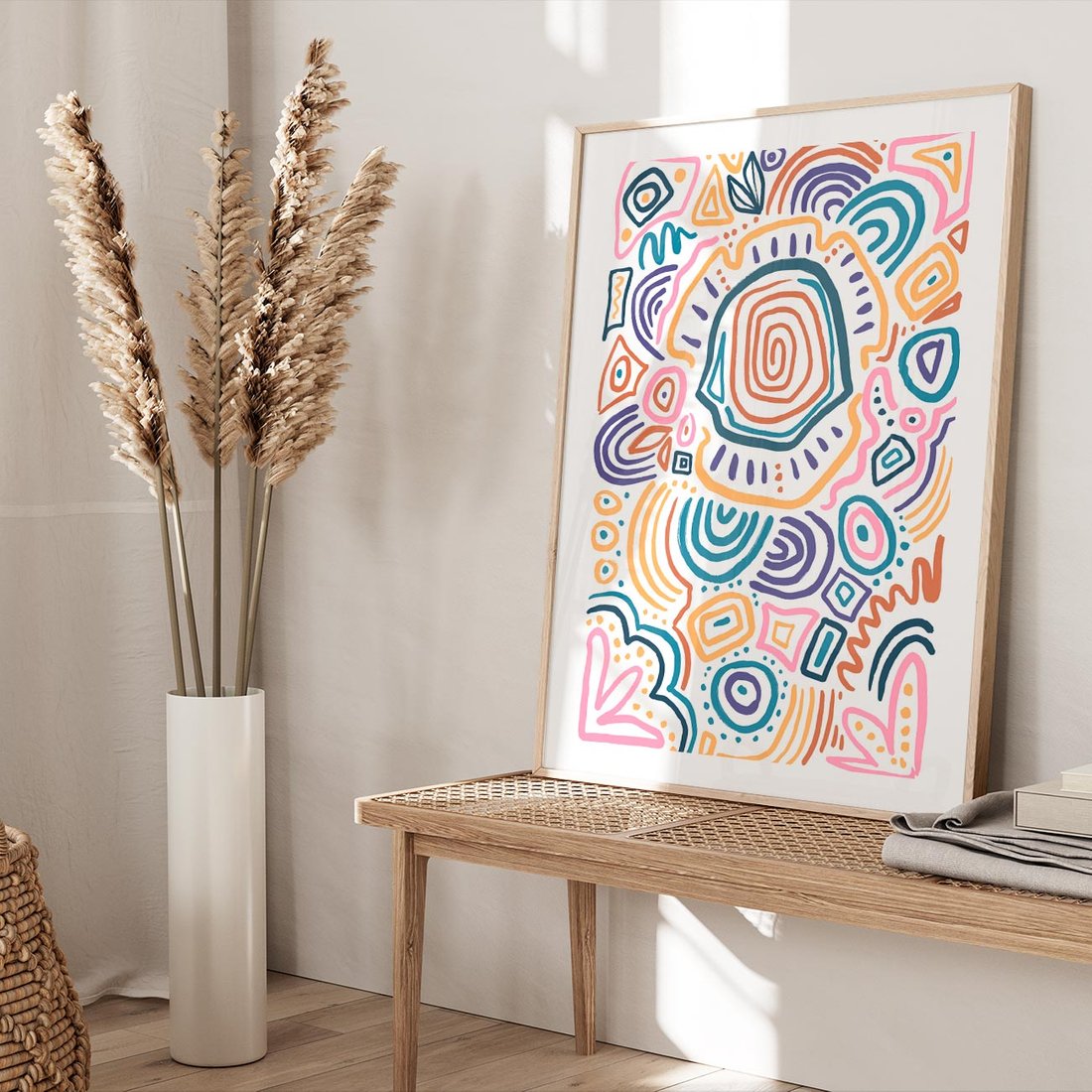 Plakat w ramie 50x70 - Strukturalne Odbicia Boho - kolorowe etniczne wzory, tęczowe żywe kolory - rama drewno