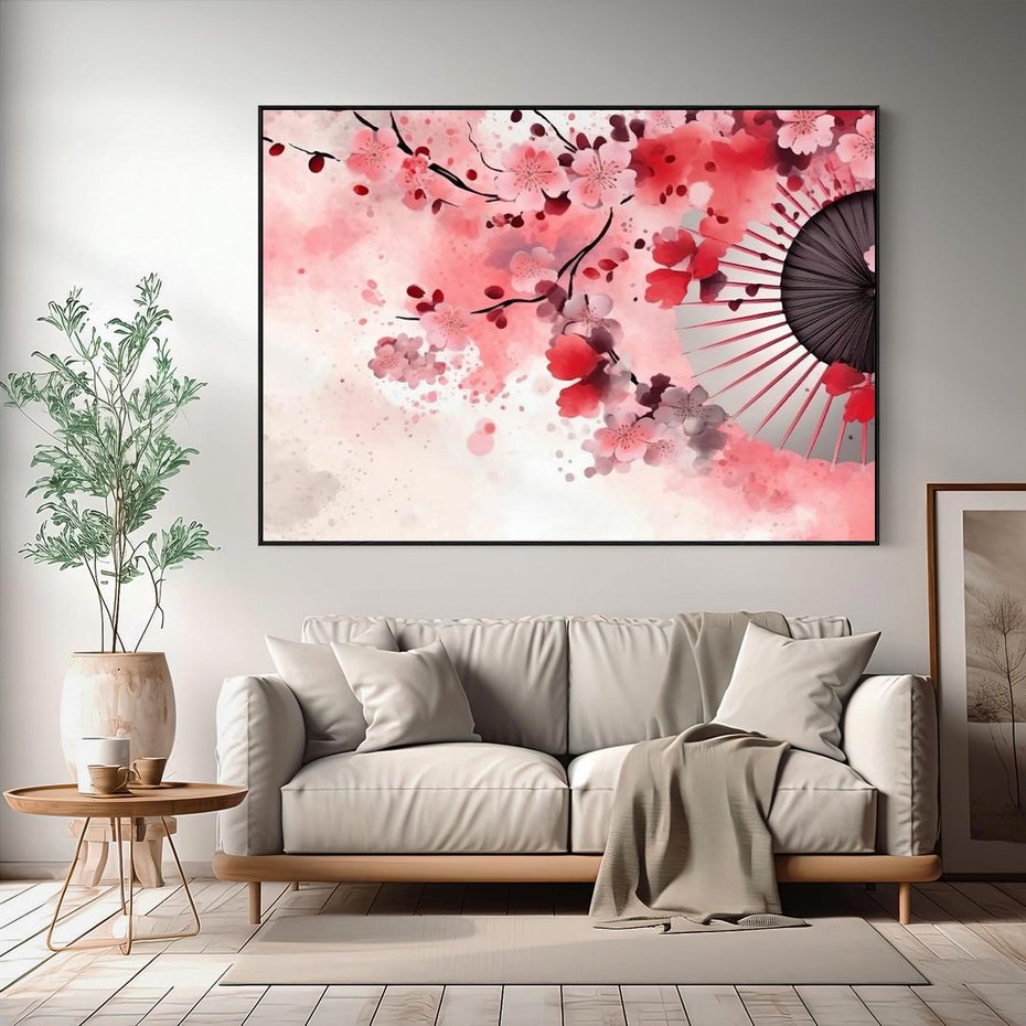 Obraz w ramie 70x50 - Szept Kwitnącej Wiśni - japoński parasol, liście - rama czarna