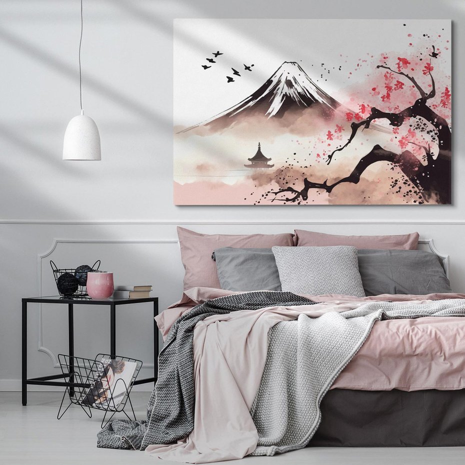 Obraz na płótnie 120x80 - Krajobraz Japonii - akwarela na papirusie, japonia