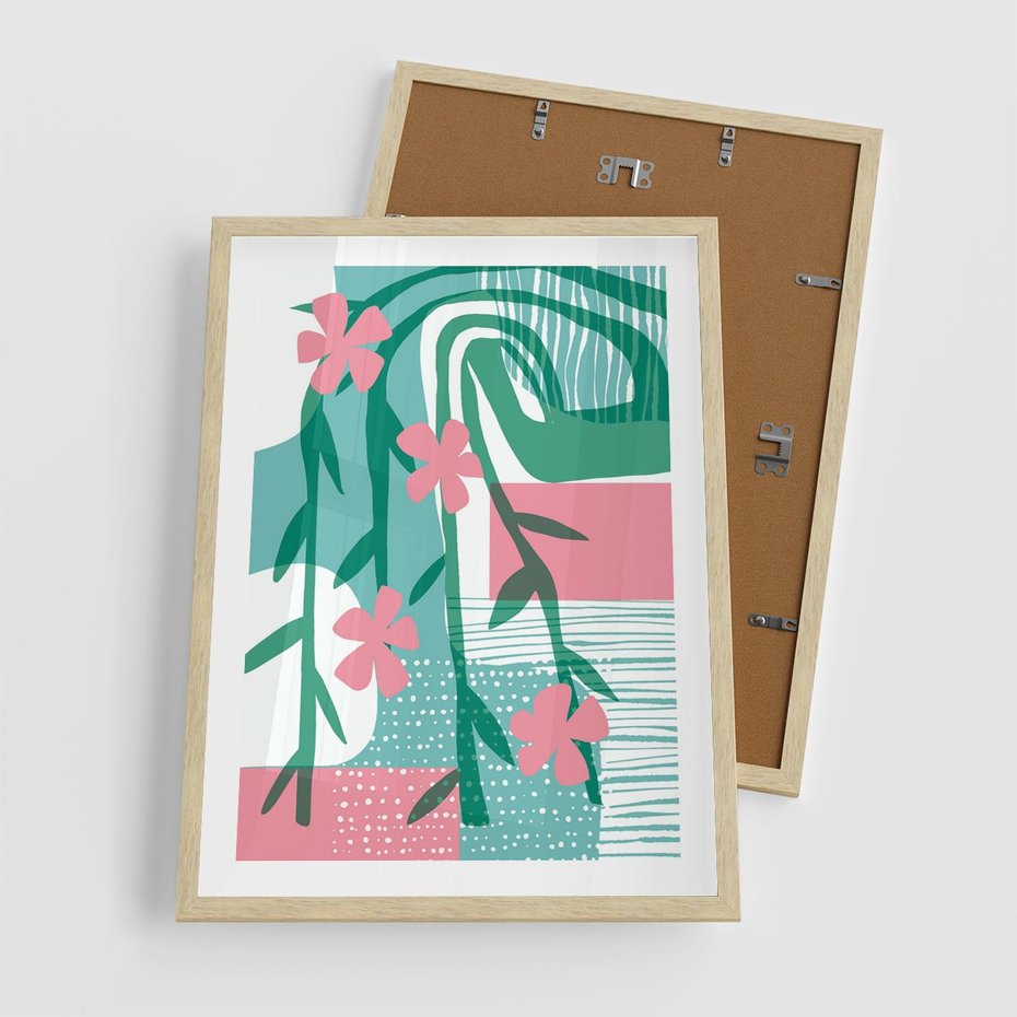 Plakat w ramie 50x70 - Rozkwitające Harmonie Form - abstrakcyjne pastelowe kwiaty, nowoczesna sztuka - rama drewno