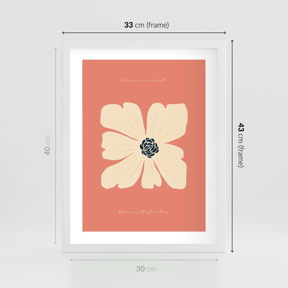 Plakat w ramie 30x40 - Malowane Kolorowe Echa - minimalistyczna grafika, biały kwiat na różowym tle - rama biała