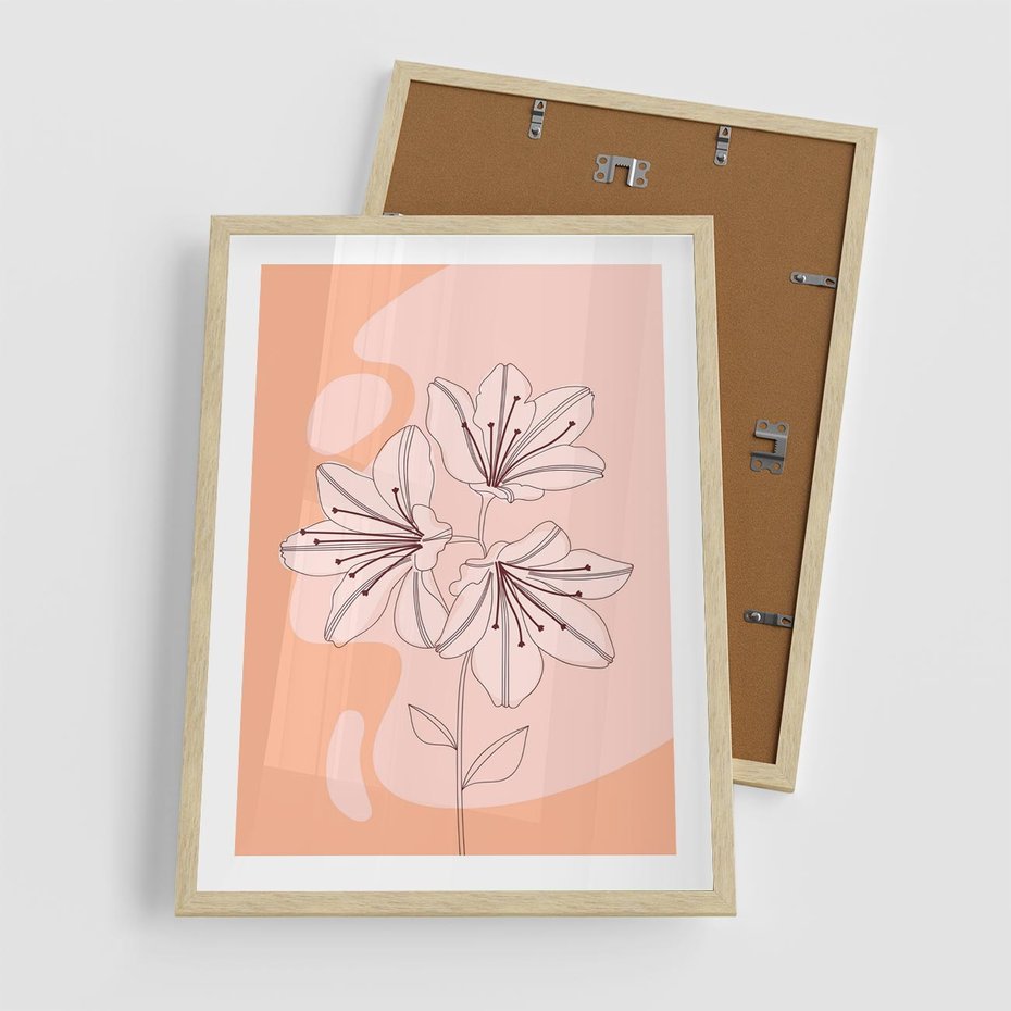 Plakat w ramie 50x70 - Kwiatowa Harmonia - minimalistyczny plakat, pudrowe kwiaty - rama drewno