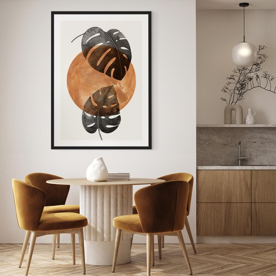 Plakat w ramie 40x50 - Elegancja w Detalach: Miedziane Koło z Monsterą - grafika, miedziane koło - rama czarna