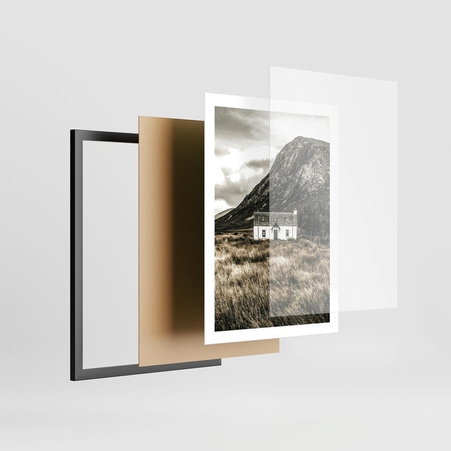 Plakat w ramie 50x70 - Biały Domek w Sepii: Wiejski Urok - domek w górach, kolory sepii - rama czarna