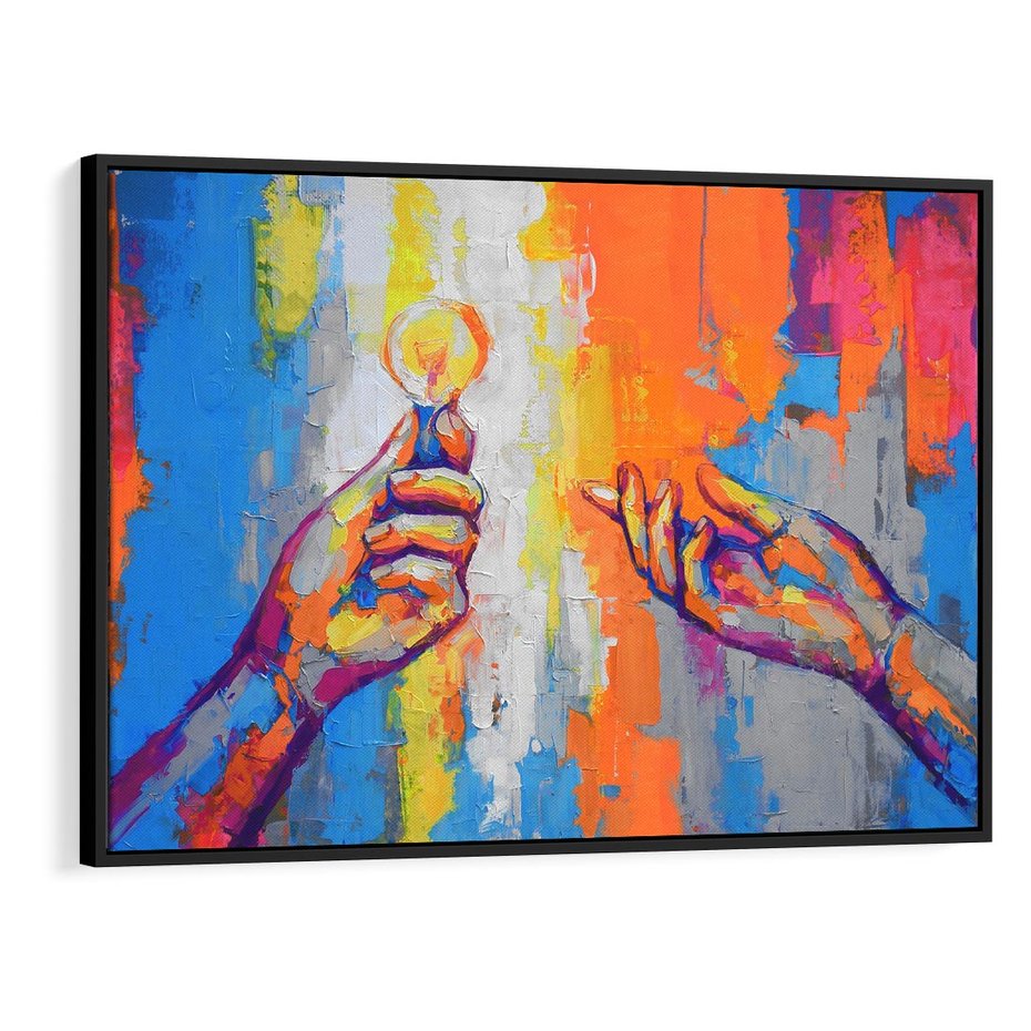 Obraz w ramie 100x70 - Refrakcje wewnętrznego światła - abstrakcyjne dzieło, dłoń trzyma żarówkę - rama czarna