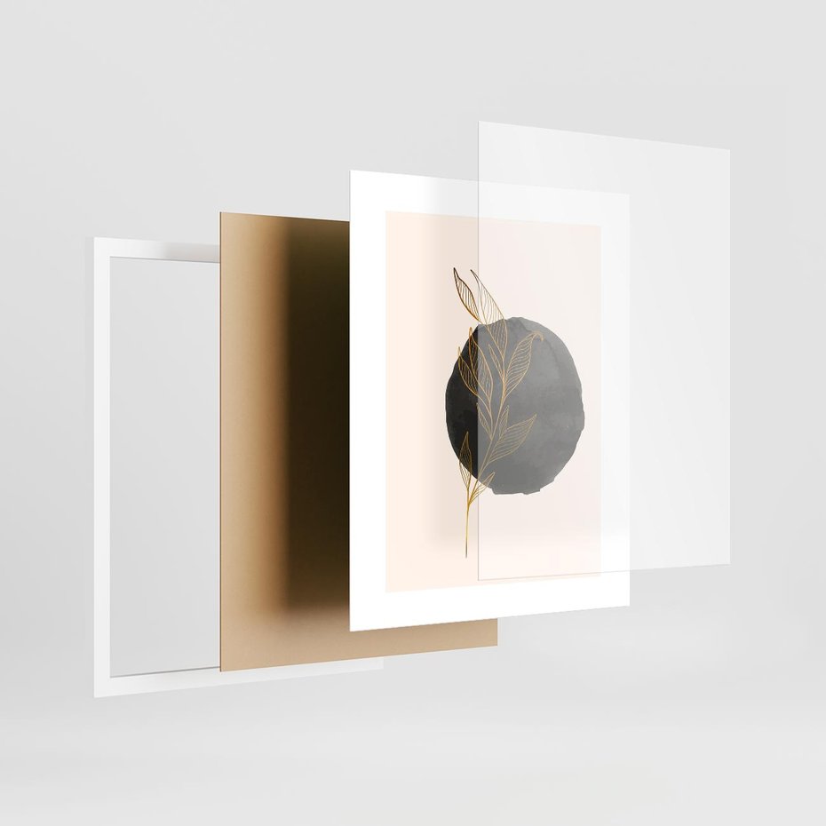 Plakat w ramie 40x50 - Złota Gałązka na Tle Akwarelowej Ciemności - złota gałązka, czarna plama akwarelowa w tle - rama biała