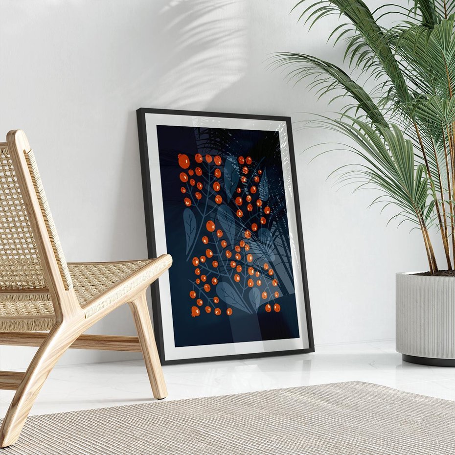 Plakat bez ramy 30x40 - Symfonia liści i owoców - granatowe tło, pomarańczowe owoce jarzębiny