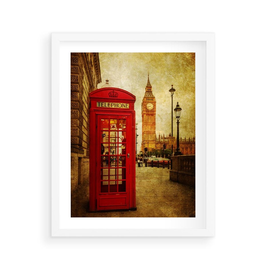 Plakat w ramie 40x50 - Ikoniczna budka telefoniczna w Londynie - sepia, budka - rama biała