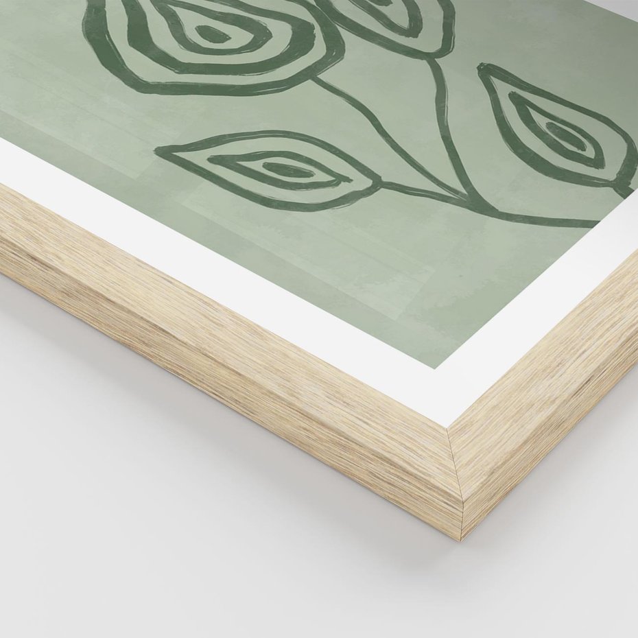 Plakat w ramie 30x40 - Szmaragdowy Oddech - abstrakcyjne delikatne zielone linie, podobne do gałęzi kwiatów - rama drewno
