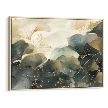 Obraz w ramie 70x50 - Natura w Złotym Odcieniu - złote elementy, liście miłorzębu japońskiego - rama drewno