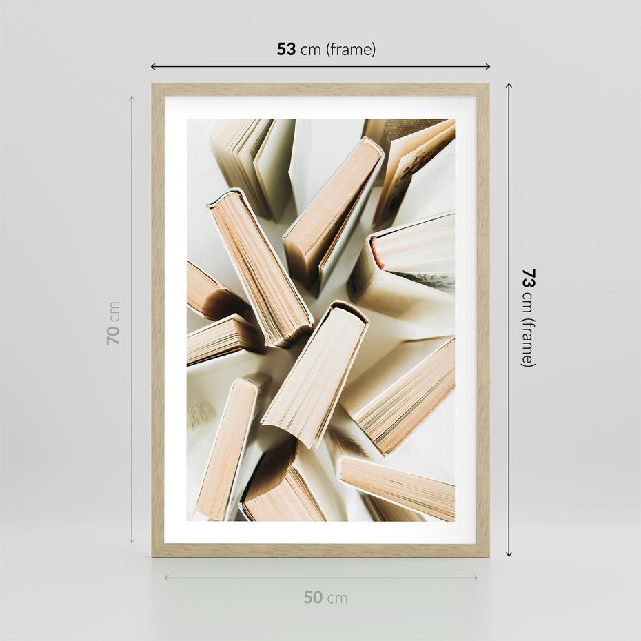 Plakat w ramie 50x70 - Odcienie Wiedzy - książki, ujęcie z góry - rama drewno
