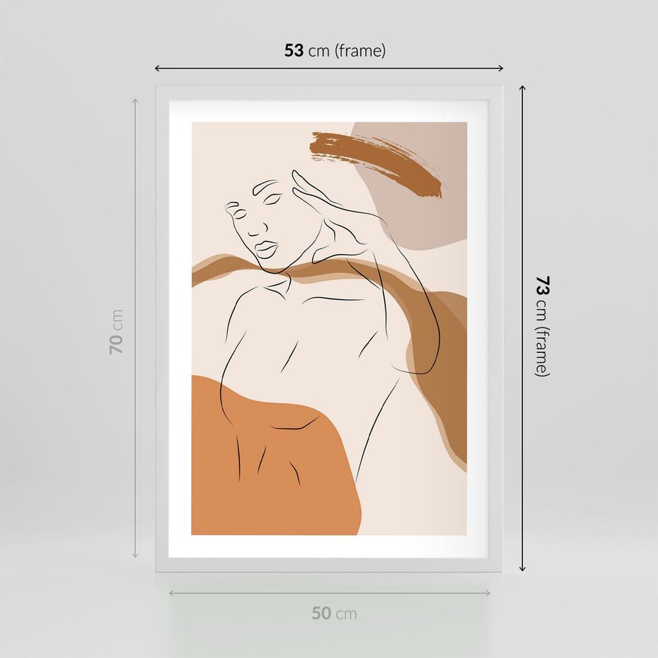 Plakat w ramie 50x70 - Sztuka Piękna w Beżach i Brązach - szkic jedną linią, naga kobieta - rama biała