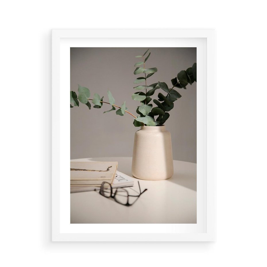 Plakat w ramie 50x70 - Eukaliptusowe liście w okularach - liście, eukaliptus - rama biała