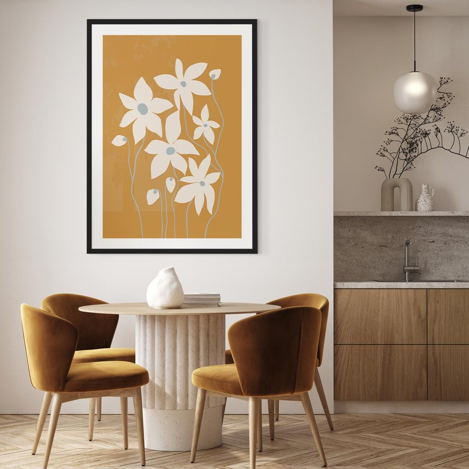 Plakat bez ramy 40x50 - Kwiatowy Spektakl - minimalistyczne kwiaty, na pomarańczowym tle