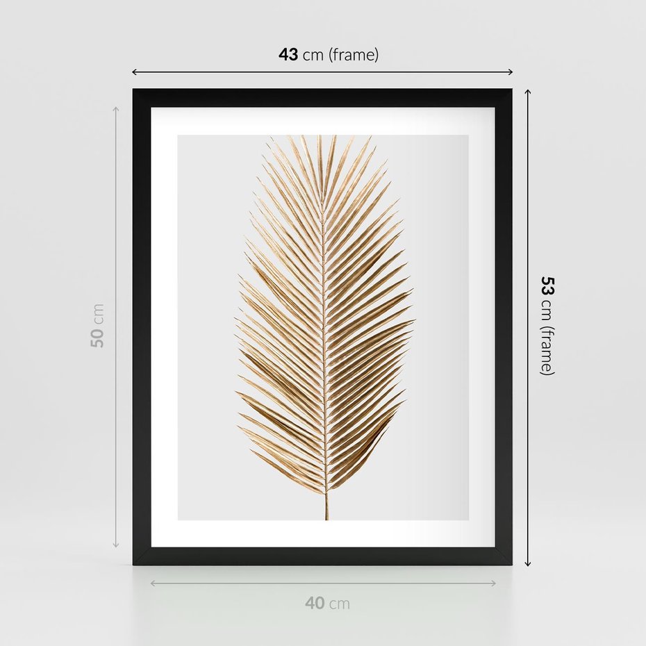 Plakat w ramie 40x50 - Złoty blask palmowego liścia - złota, palma - rama czarna