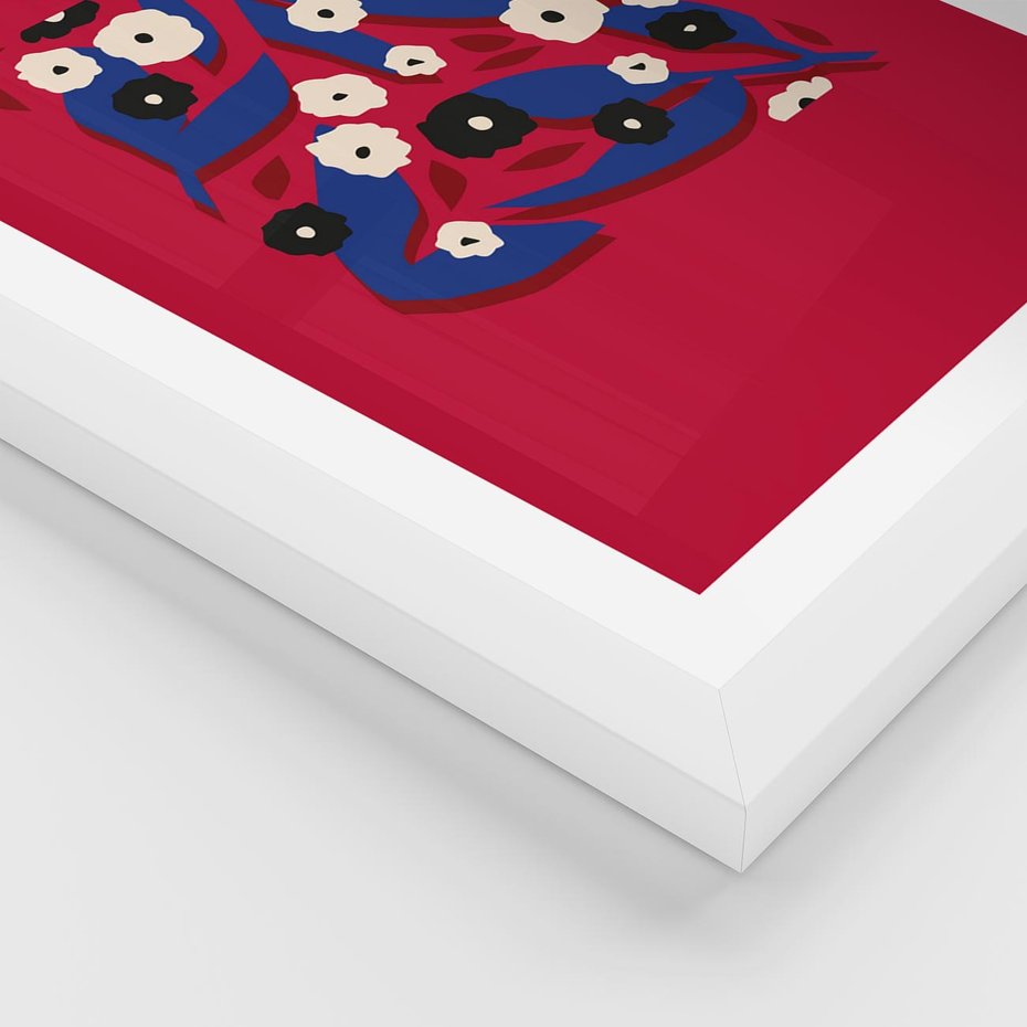 Plakat w ramie 30x40 - Kolorowe Przenikanie - abstrakcyjna kwiatowa kompozycja, czerwone mocne tło - rama biała