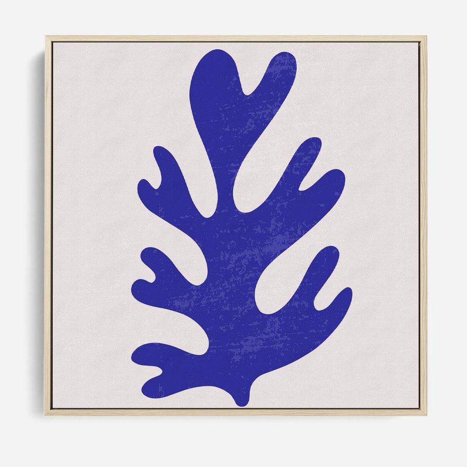 Obraz w ramie 80x80 - Przenikająca Struktura - boho plakat, niebieski liść w intensywnym kolorze - rama drewno