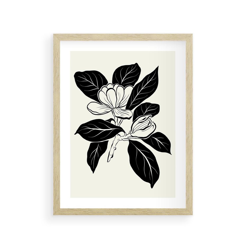 Plakat w ramie 30x40 - Spojrzenie w kształty kwiatów - kwiaty magnolii, minimalizm - rama drewno