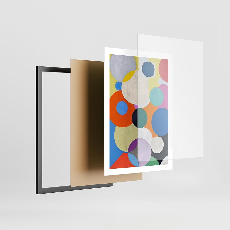 Plakat w ramie 50x70 - Tajemnicze Odbicia Czasu - abstrakcyjne geometryczne kształty, olejny obraz - rama czarna