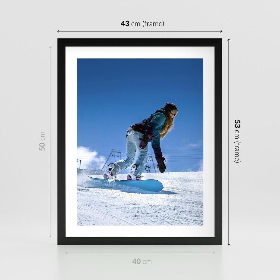 Plakat w ramie 40x50 - Snowboard na zimowych zboczach - snowboard, zima - rama czarna