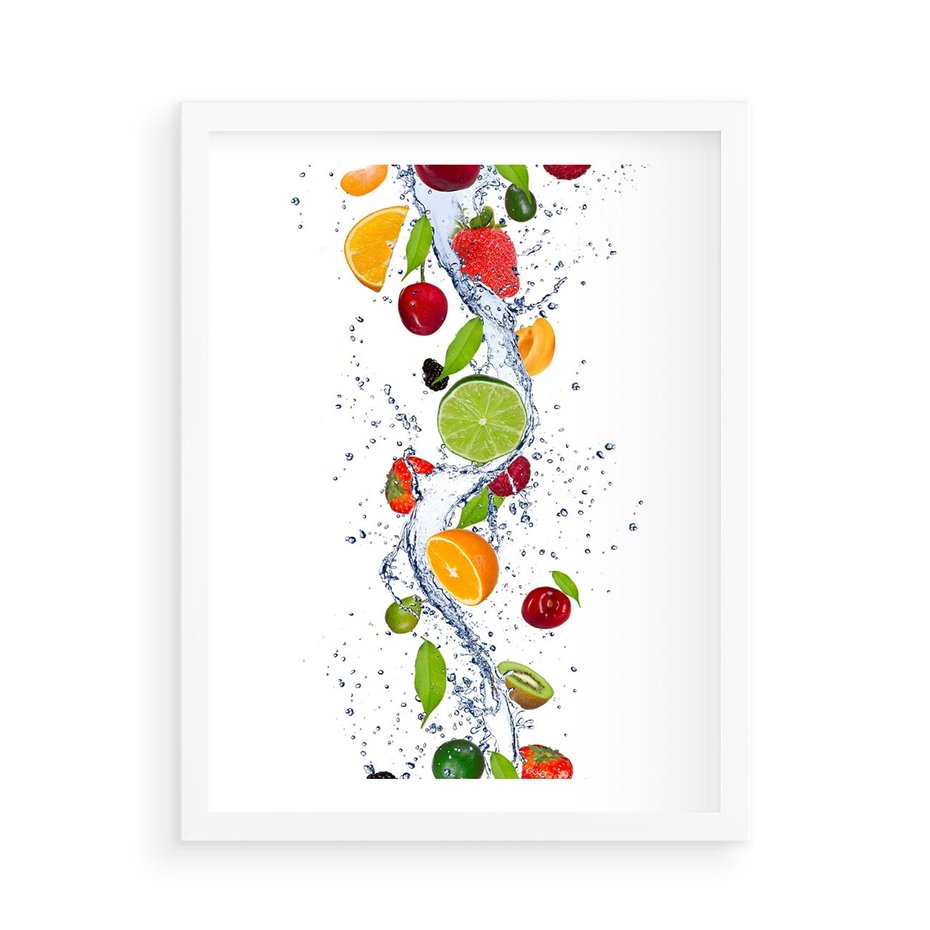 Plakat w ramie 50x70 - Kulinarne Inspiracje - owoce, woda - rama biała