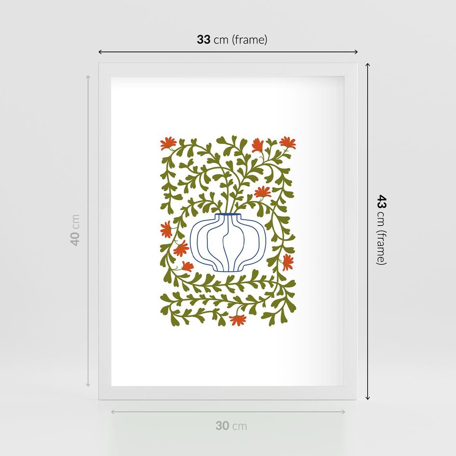 Plakat w ramie 30x40 - Wewnętrzne Fale - kwiaty w wazonie, minimalizm - rama biała