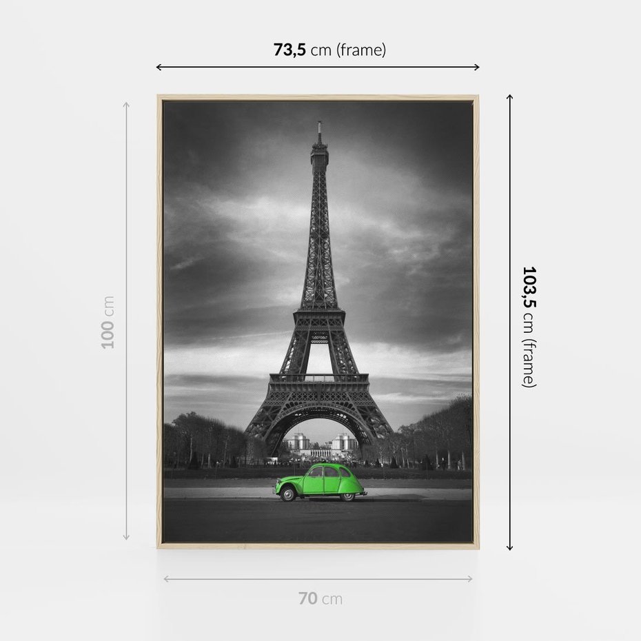 Obraz w ramie 70x100 - Paryskie Romantyczne Spotkanie - Eiffla, samochód - rama drewno