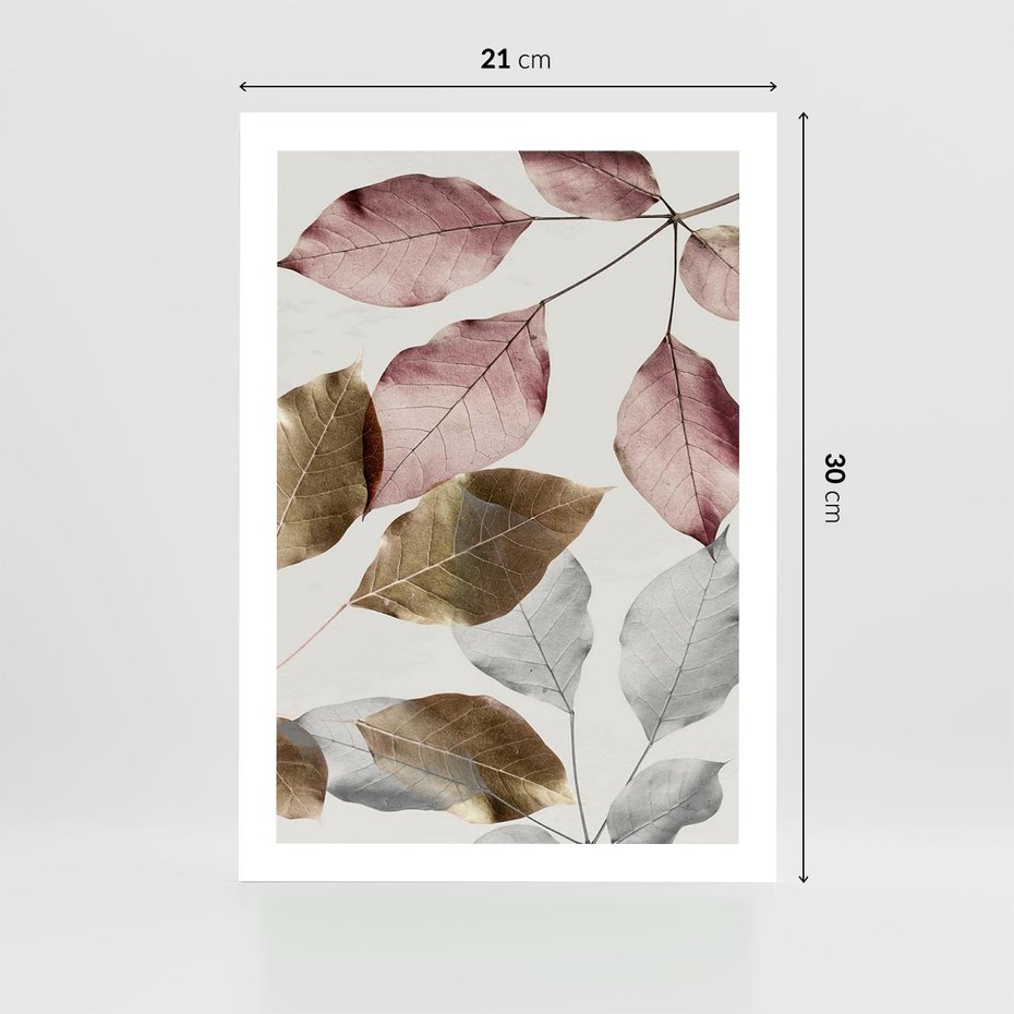 Plakat bez ramy 21x30 - Pastelowe Liście z Nutką Złota - liście, pastelowe kolory
