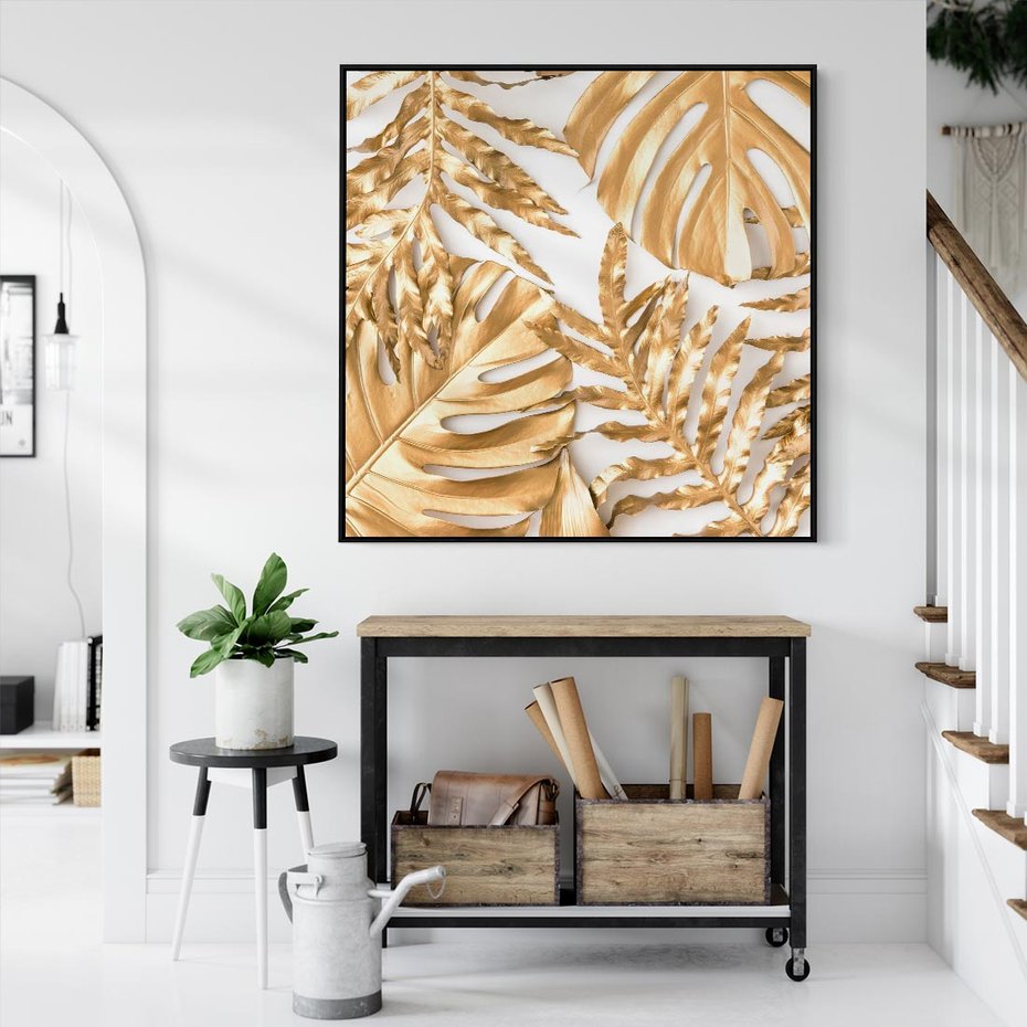 Obraz w ramie 50x50 - Monstera Złote Liście - monstera, złote - rama czarna