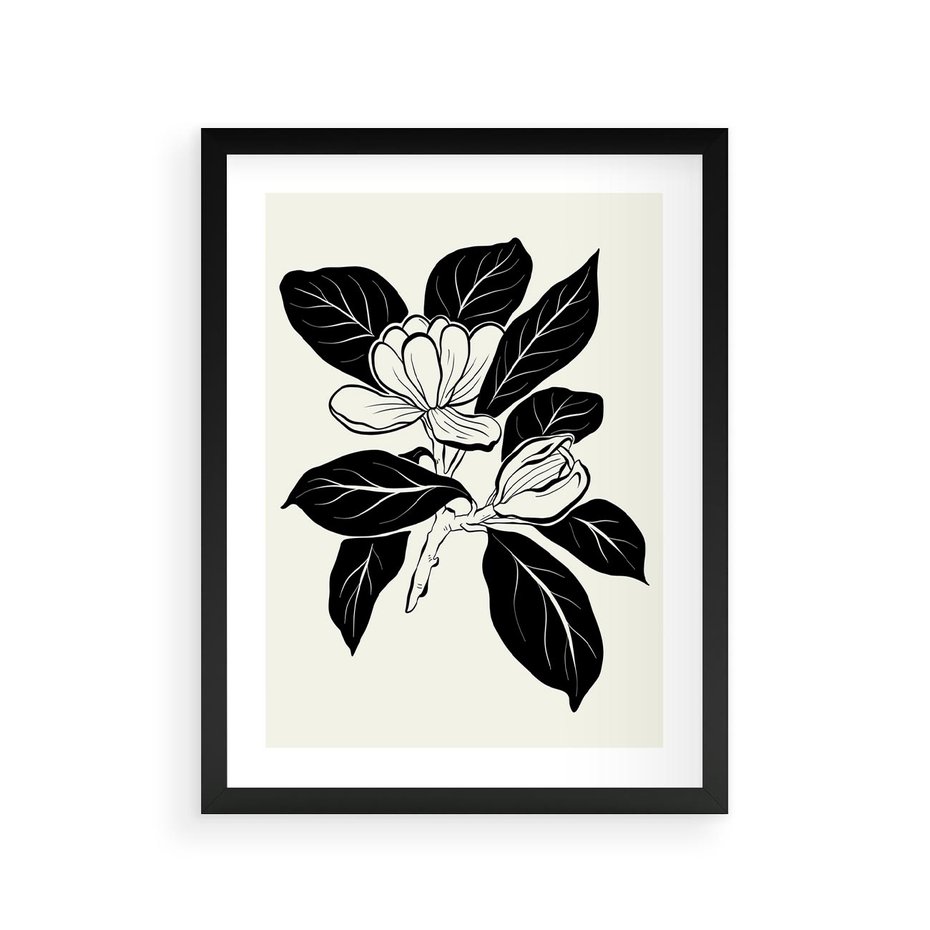 Plakat w ramie 30x40 - Spojrzenie w kształty kwiatów - kwiaty magnolii, minimalizm - rama czarna