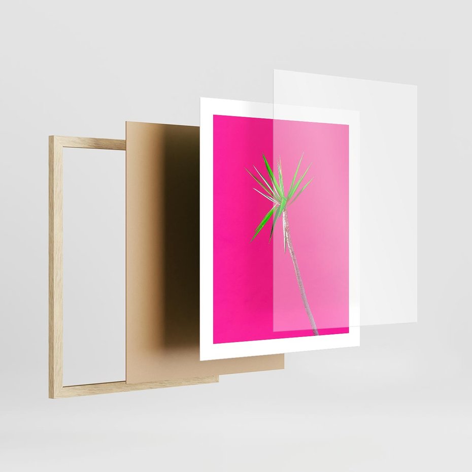 Plakat w ramie 40x50 - Retro Stylizacja - palma, liście - rama drewno