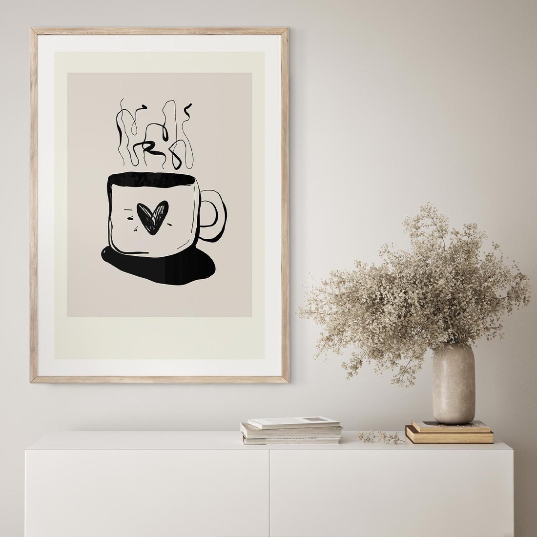 Plakat w ramie 50x70 - Grafika Kubka w Czerni i Bieli - kubek, grafika - rama drewno
