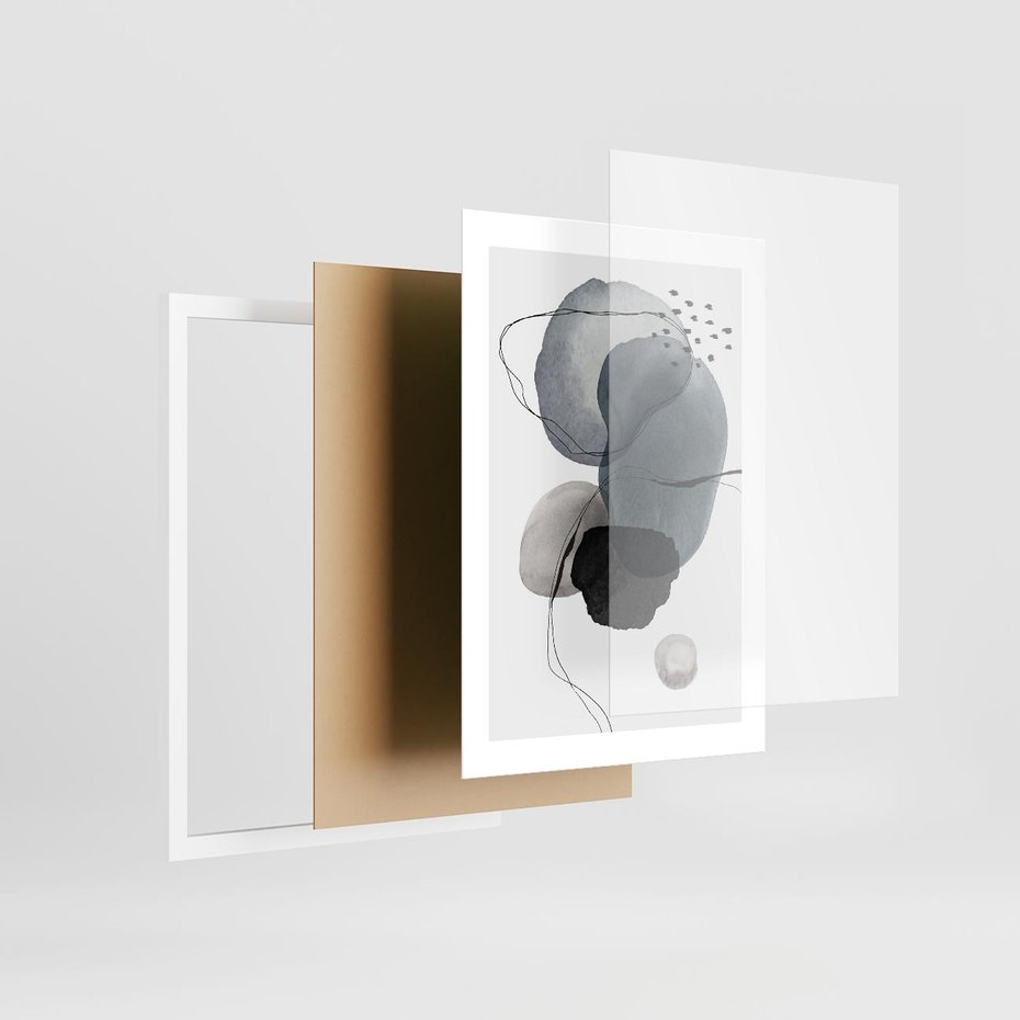 Plakat w ramie 30x40 - Wibracje Kształtów - abstrakcyjne plamy akwarelowe, czarny szkic - rama biała