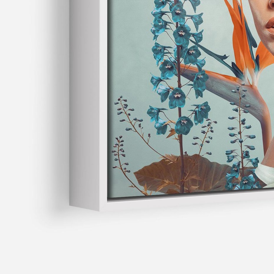 Obraz w ramie 120x80 - Kwiatowa Enklawa Uroku - kolaż, nierealna kompozycja - rama biała