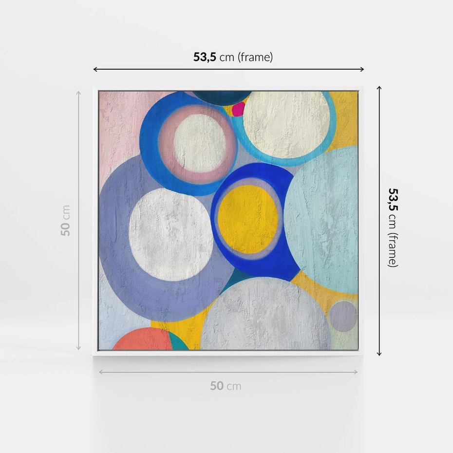 Obraz w ramie 50x50 - Rozkwitająca Symfonia Serca - abstrakcyjne geometryczne kształty, olejny obraz - rama biała